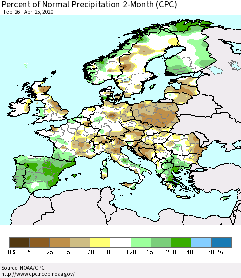 Europe Percent of Normal Precipitation 2-Month (CPC) Thematic Map For 2/26/2020 - 4/25/2020