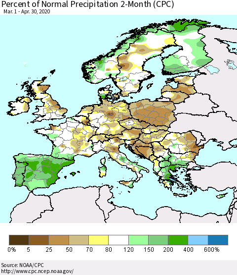 Europe Percent of Normal Precipitation 2-Month (CPC) Thematic Map For 3/1/2020 - 4/30/2020