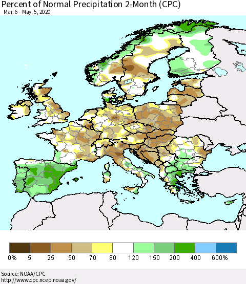 Europe Percent of Normal Precipitation 2-Month (CPC) Thematic Map For 3/6/2020 - 5/5/2020
