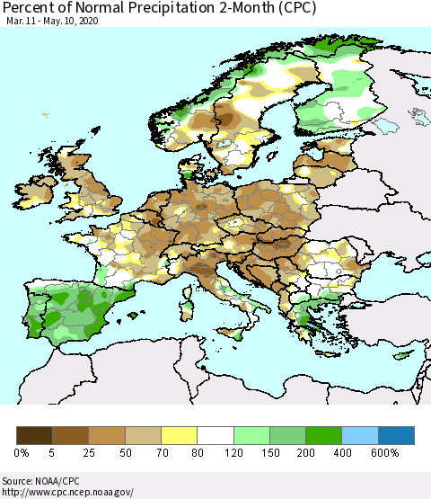Europe Percent of Normal Precipitation 2-Month (CPC) Thematic Map For 3/11/2020 - 5/10/2020