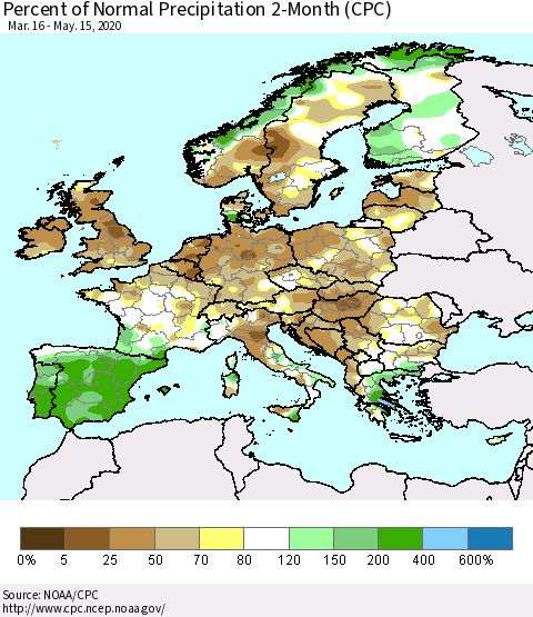 Europe Percent of Normal Precipitation 2-Month (CPC) Thematic Map For 3/16/2020 - 5/15/2020