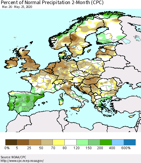 Europe Percent of Normal Precipitation 2-Month (CPC) Thematic Map For 3/26/2020 - 5/25/2020