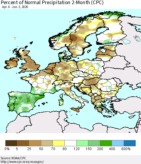 Europe Percent of Normal Precipitation 2-Month (CPC) Thematic Map For 4/6/2020 - 6/5/2020
