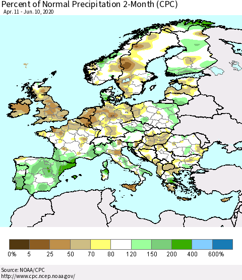 Europe Percent of Normal Precipitation 2-Month (CPC) Thematic Map For 4/11/2020 - 6/10/2020