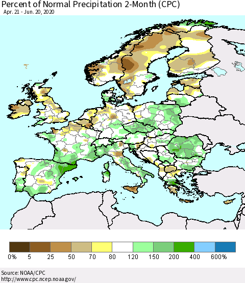 Europe Percent of Normal Precipitation 2-Month (CPC) Thematic Map For 4/21/2020 - 6/20/2020