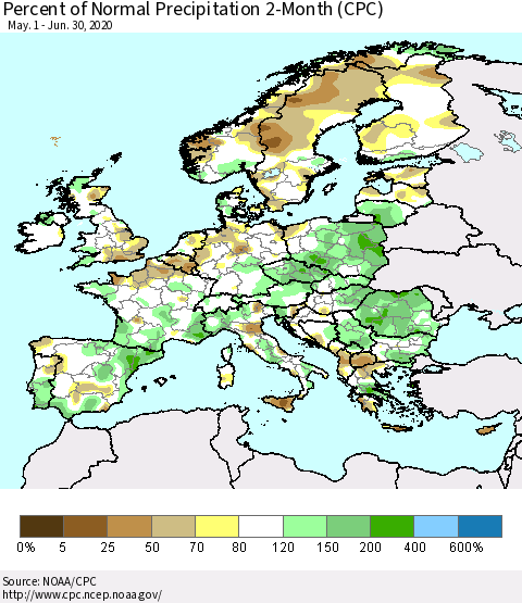 Europe Percent of Normal Precipitation 2-Month (CPC) Thematic Map For 5/1/2020 - 6/30/2020