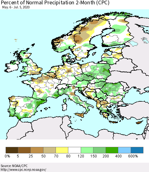 Europe Percent of Normal Precipitation 2-Month (CPC) Thematic Map For 5/6/2020 - 7/5/2020