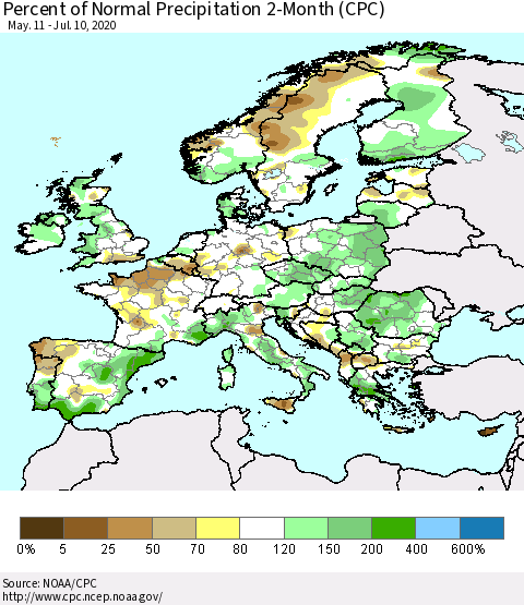 Europe Percent of Normal Precipitation 2-Month (CPC) Thematic Map For 5/11/2020 - 7/10/2020