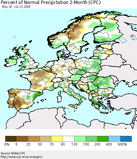 Europe Percent of Normal Precipitation 2-Month (CPC) Thematic Map For 5/16/2020 - 7/15/2020