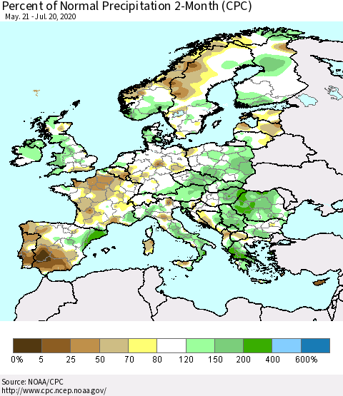 Europe Percent of Normal Precipitation 2-Month (CPC) Thematic Map For 5/21/2020 - 7/20/2020