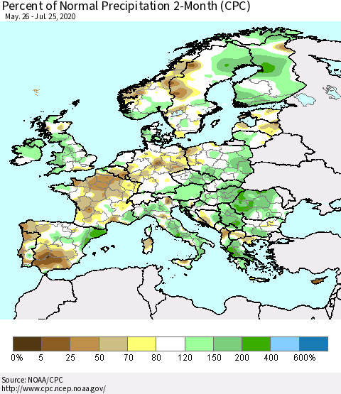 Europe Percent of Normal Precipitation 2-Month (CPC) Thematic Map For 5/26/2020 - 7/25/2020