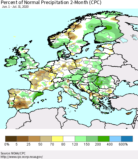 Europe Percent of Normal Precipitation 2-Month (CPC) Thematic Map For 6/1/2020 - 7/31/2020
