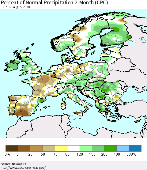 Europe Percent of Normal Precipitation 2-Month (CPC) Thematic Map For 6/6/2020 - 8/5/2020
