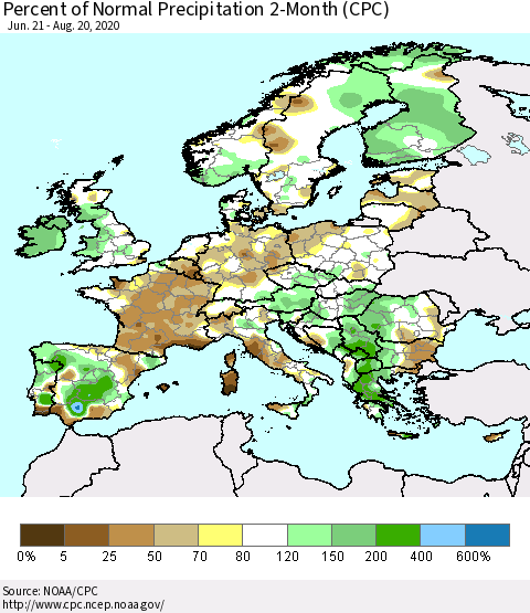 Europe Percent of Normal Precipitation 2-Month (CPC) Thematic Map For 6/21/2020 - 8/20/2020
