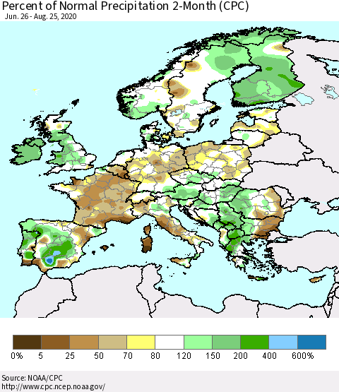 Europe Percent of Normal Precipitation 2-Month (CPC) Thematic Map For 6/26/2020 - 8/25/2020