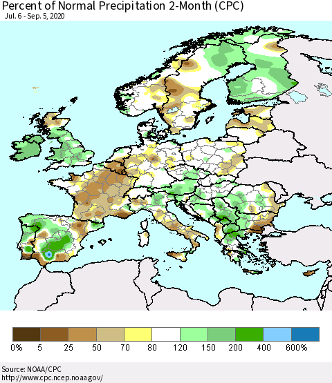 Europe Percent of Normal Precipitation 2-Month (CPC) Thematic Map For 7/6/2020 - 9/5/2020