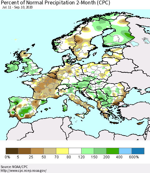 Europe Percent of Normal Precipitation 2-Month (CPC) Thematic Map For 7/11/2020 - 9/10/2020