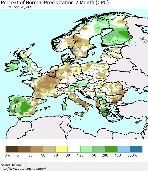 Europe Percent of Normal Precipitation 2-Month (CPC) Thematic Map For 7/21/2020 - 9/20/2020