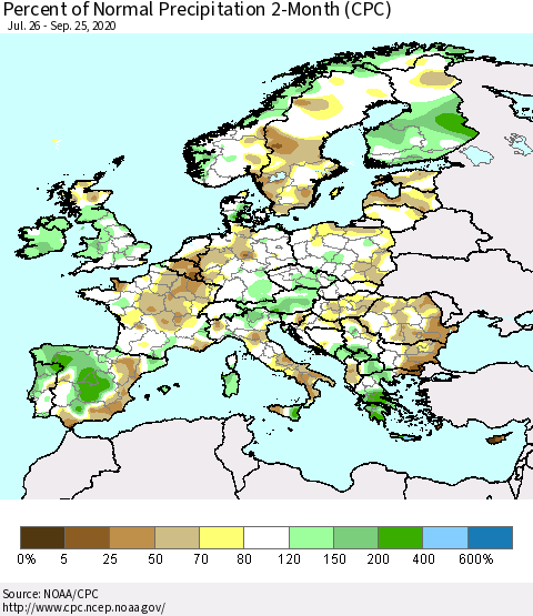 Europe Percent of Normal Precipitation 2-Month (CPC) Thematic Map For 7/26/2020 - 9/25/2020