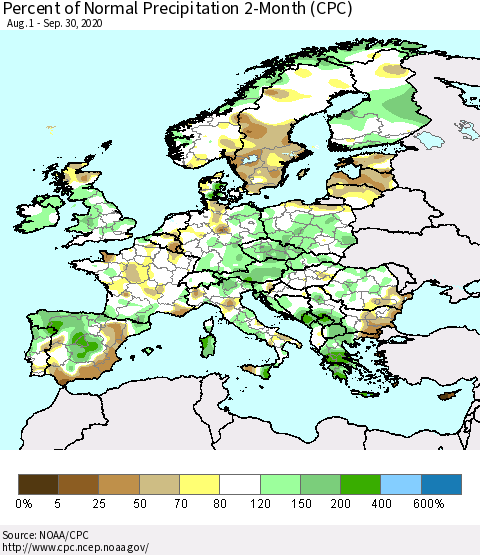 Europe Percent of Normal Precipitation 2-Month (CPC) Thematic Map For 8/1/2020 - 9/30/2020