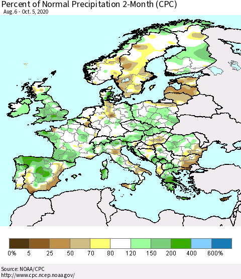 Europe Percent of Normal Precipitation 2-Month (CPC) Thematic Map For 8/6/2020 - 10/5/2020