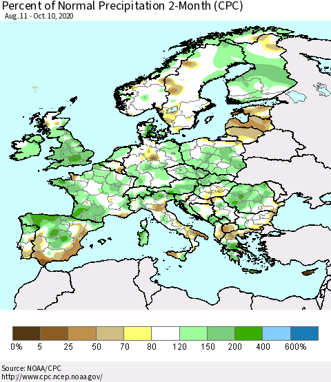 Europe Percent of Normal Precipitation 2-Month (CPC) Thematic Map For 8/11/2020 - 10/10/2020