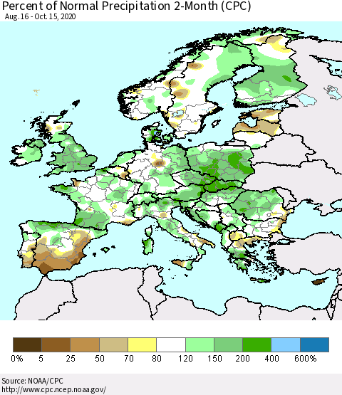 Europe Percent of Normal Precipitation 2-Month (CPC) Thematic Map For 8/16/2020 - 10/15/2020