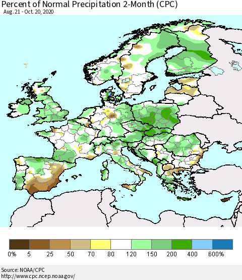 Europe Percent of Normal Precipitation 2-Month (CPC) Thematic Map For 8/21/2020 - 10/20/2020