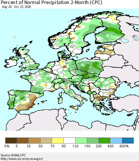 Europe Percent of Normal Precipitation 2-Month (CPC) Thematic Map For 8/26/2020 - 10/25/2020