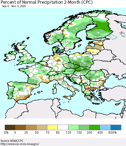 Europe Percent of Normal Precipitation 2-Month (CPC) Thematic Map For 9/6/2020 - 11/5/2020