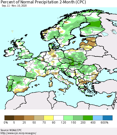 Europe Percent of Normal Precipitation 2-Month (CPC) Thematic Map For 9/11/2020 - 11/10/2020