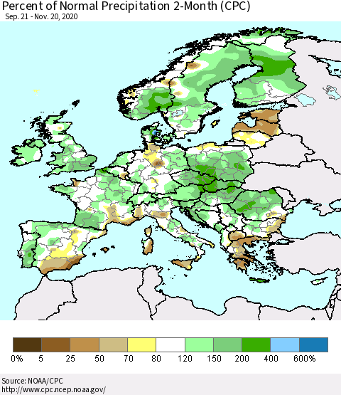 Europe Percent of Normal Precipitation 2-Month (CPC) Thematic Map For 9/21/2020 - 11/20/2020