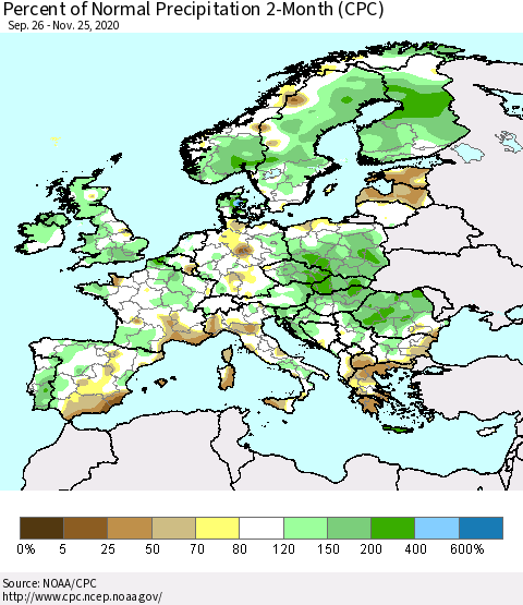 Europe Percent of Normal Precipitation 2-Month (CPC) Thematic Map For 9/26/2020 - 11/25/2020
