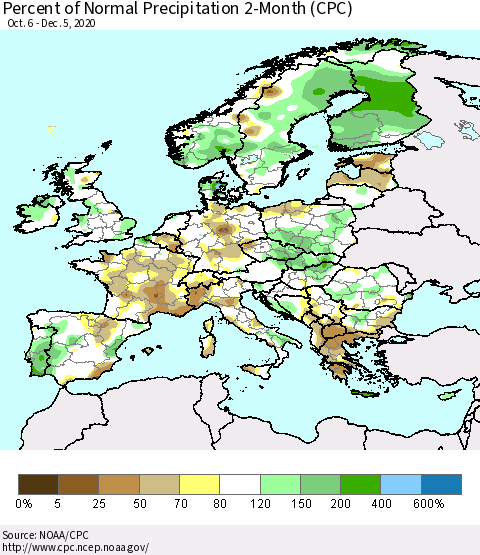 Europe Percent of Normal Precipitation 2-Month (CPC) Thematic Map For 10/6/2020 - 12/5/2020