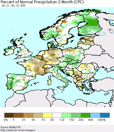 Europe Percent of Normal Precipitation 2-Month (CPC) Thematic Map For 10/11/2020 - 12/10/2020