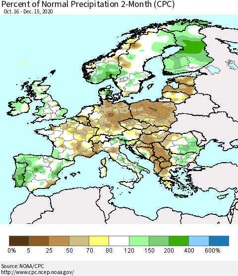 Europe Percent of Normal Precipitation 2-Month (CPC) Thematic Map For 10/16/2020 - 12/15/2020