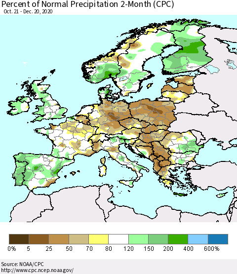 Europe Percent of Normal Precipitation 2-Month (CPC) Thematic Map For 10/21/2020 - 12/20/2020