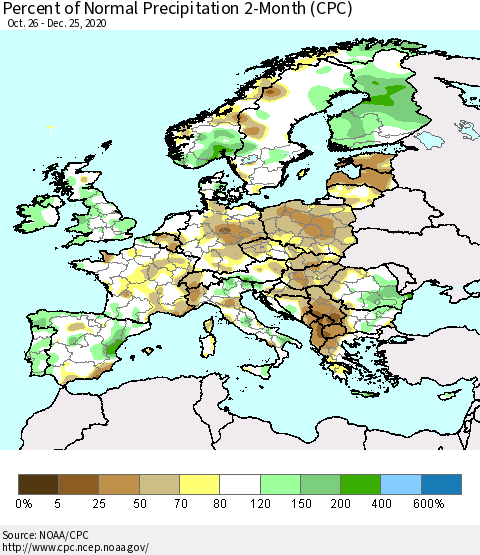 Europe Percent of Normal Precipitation 2-Month (CPC) Thematic Map For 10/26/2020 - 12/25/2020