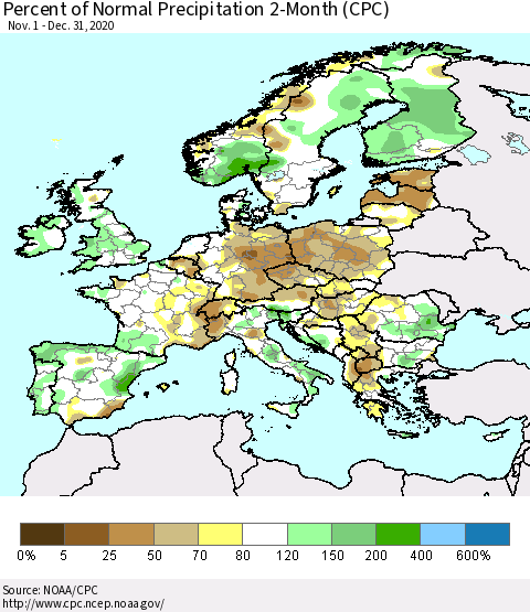 Europe Percent of Normal Precipitation 2-Month (CPC) Thematic Map For 11/1/2020 - 12/31/2020