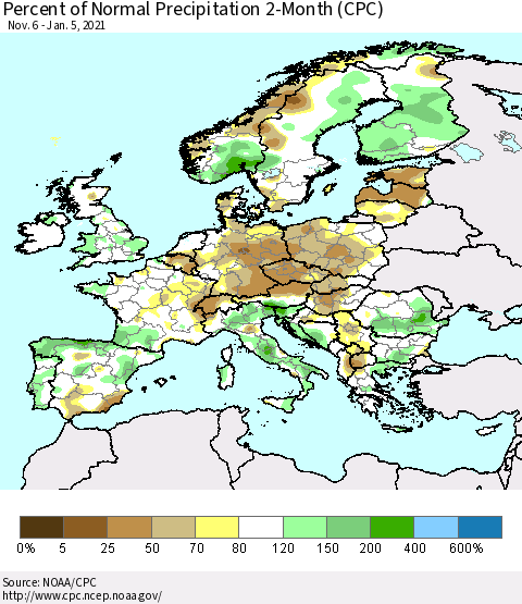 Europe Percent of Normal Precipitation 2-Month (CPC) Thematic Map For 11/6/2020 - 1/5/2021