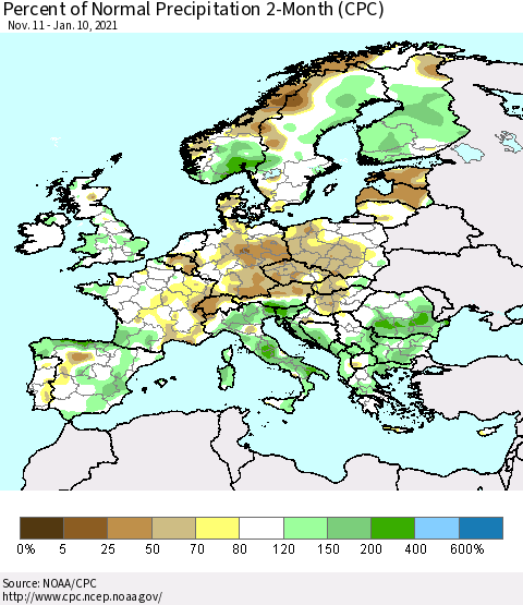 Europe Percent of Normal Precipitation 2-Month (CPC) Thematic Map For 11/11/2020 - 1/10/2021