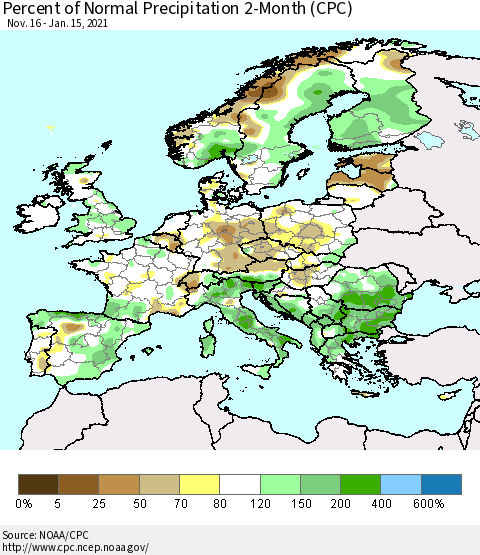 Europe Percent of Normal Precipitation 2-Month (CPC) Thematic Map For 11/16/2020 - 1/15/2021