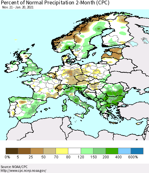 Europe Percent of Normal Precipitation 2-Month (CPC) Thematic Map For 11/21/2020 - 1/20/2021
