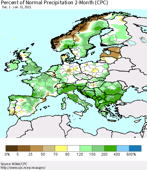 Europe Percent of Normal Precipitation 2-Month (CPC) Thematic Map For 12/1/2020 - 1/31/2021