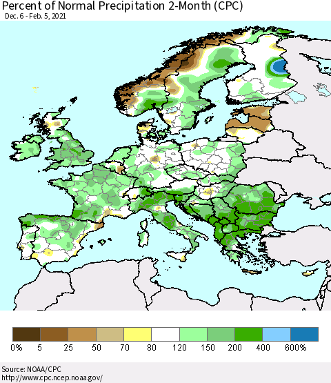 Europe Percent of Normal Precipitation 2-Month (CPC) Thematic Map For 12/6/2020 - 2/5/2021