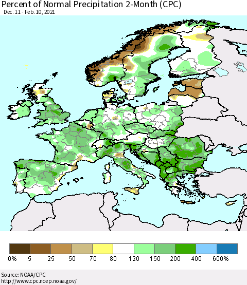 Europe Percent of Normal Precipitation 2-Month (CPC) Thematic Map For 12/11/2020 - 2/10/2021