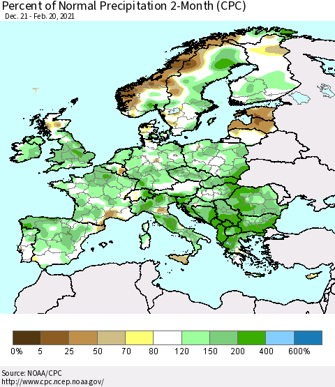 Europe Percent of Normal Precipitation 2-Month (CPC) Thematic Map For 12/21/2020 - 2/20/2021