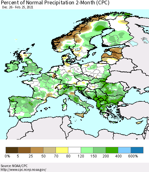 Europe Percent of Normal Precipitation 2-Month (CPC) Thematic Map For 12/26/2020 - 2/25/2021