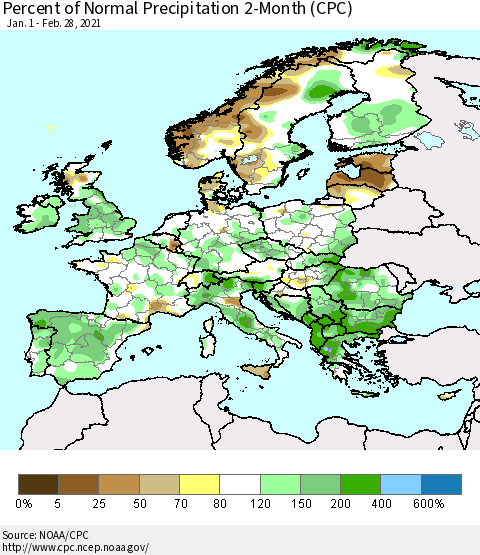 Europe Percent of Normal Precipitation 2-Month (CPC) Thematic Map For 1/1/2021 - 2/28/2021