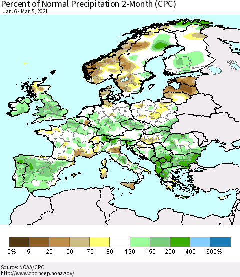 Europe Percent of Normal Precipitation 2-Month (CPC) Thematic Map For 1/6/2021 - 3/5/2021